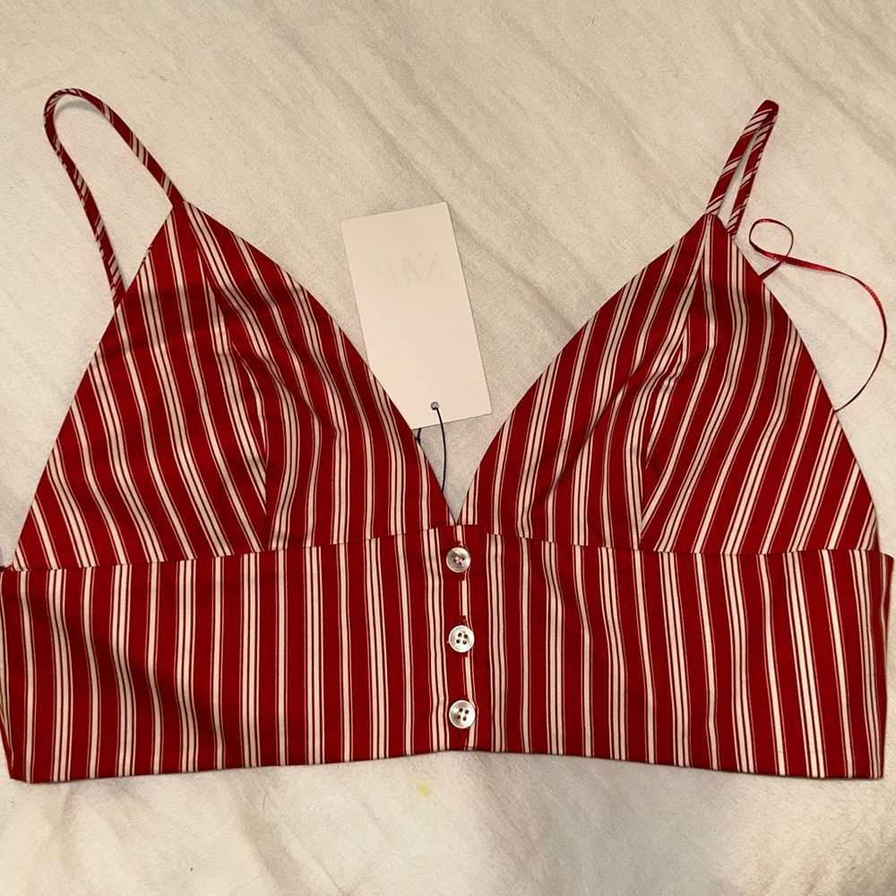 ZARA Red and White Striped Button-Up Bralette
